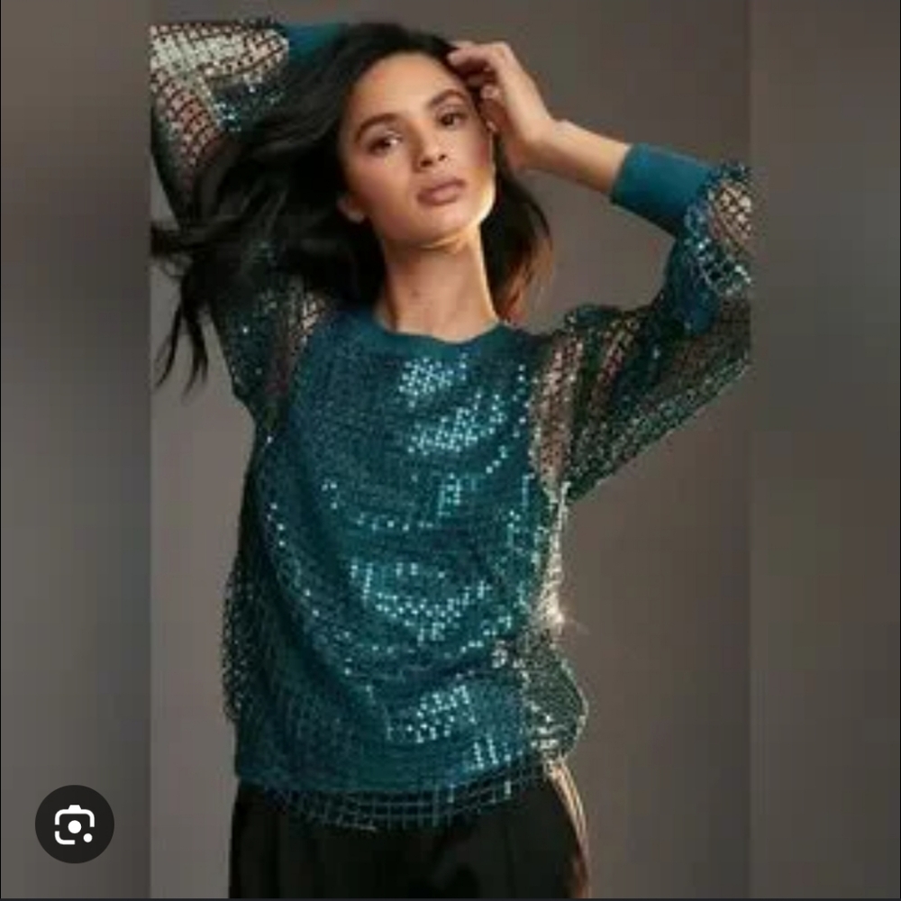 Anthropologie Pilcro Long-Sleeve Sequin Shine Top In Turquoise NWT - Picture 2 of 6